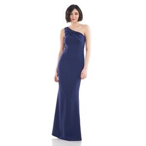 JS Collections women Lilah Bow One Shoulder Long Mermaid Gown size 6 Navy Crepe